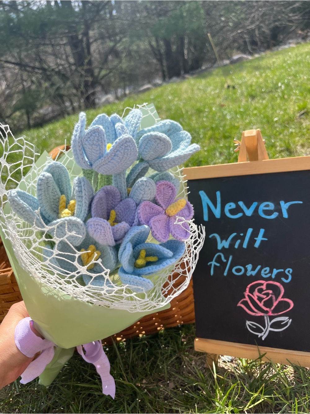 Handmade Crochet Flower Bouquet in Pastel Blue & Lavender